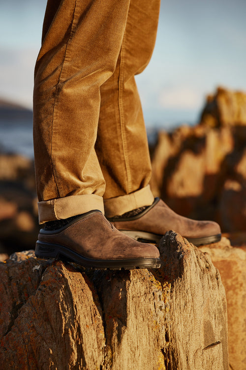 Person wearing brown pants and brown slip-on shoes standing on a large rock outdoors, with a blurred background of more rocks and sky.
