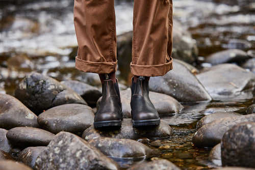 A person standing on rocks.