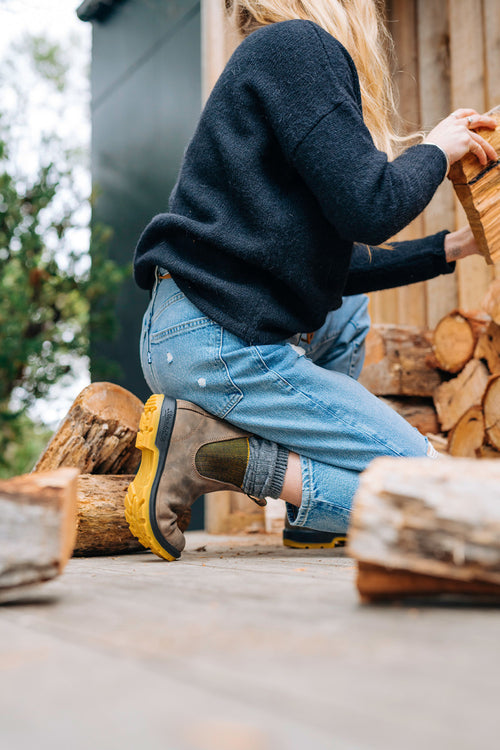 Lifestyle Women 2 image of Blundstone Women's Classics #1944 in Rustic Brown / Mustard-Black