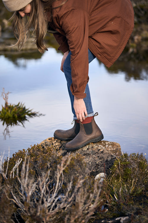 A person in a brown jacket, blue jeans, and brown boots stands on a rock by the water, reaching down to adjust one of their boots. Bushes and reflections appear in the background.