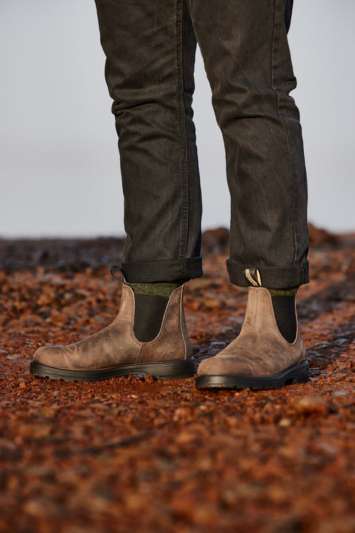 A person wearing dark rolled-up pants and brown Chelsea boots stands on a rocky, reddish-brown ground, facing to the right.