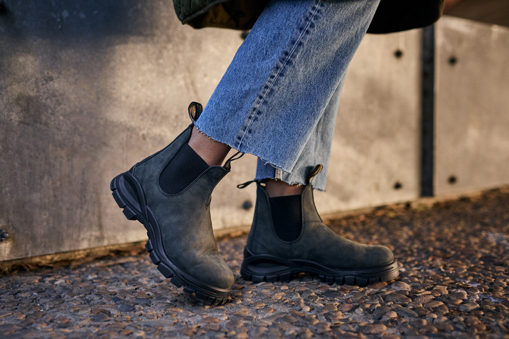 Rustic Black Premium Leather Chelsea Boots, Women's Lug 2238